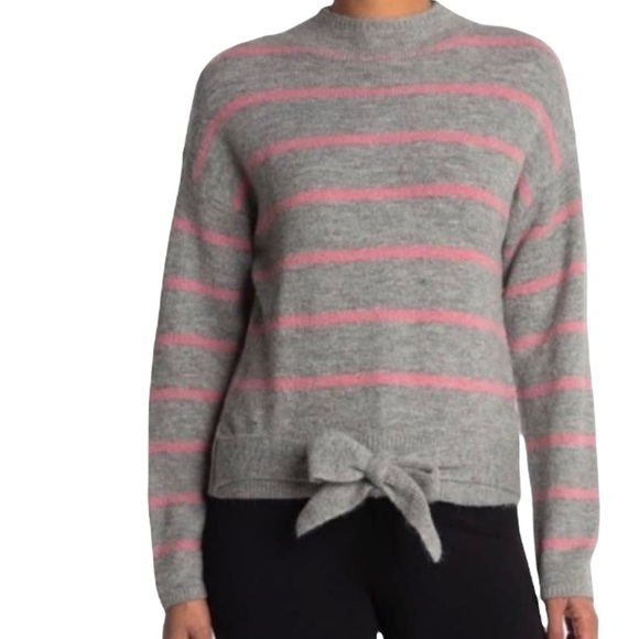 WAYF Where Are You From Mock Neck Tie Waist Sweater Light Grey Pink Stripe Large - Picture 1 of 6